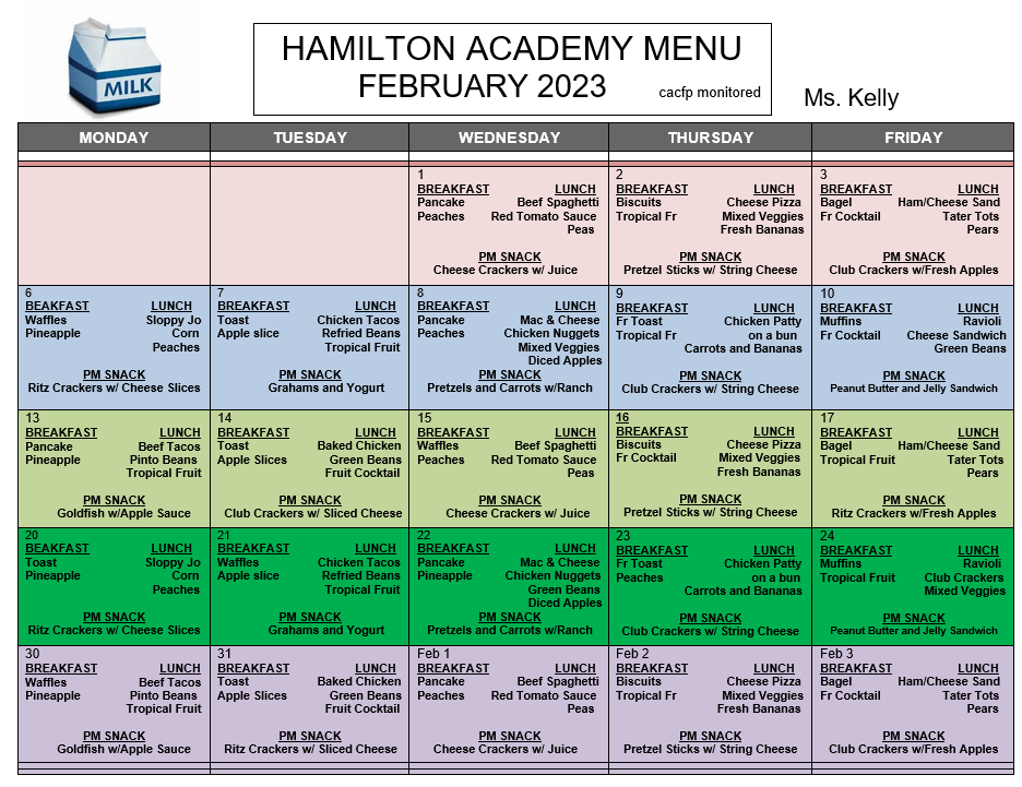 Hamilton Academy Lunch Menu Meals Provided